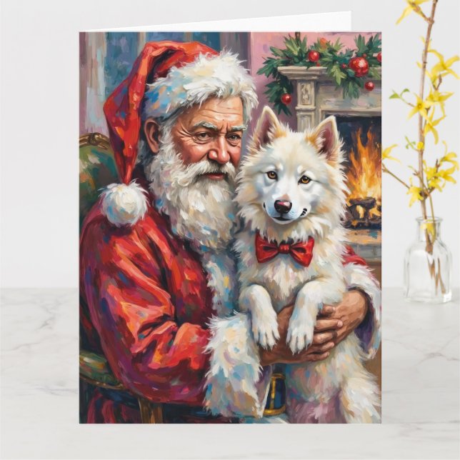 Santa Claus Holding Samoyed Christmas Art Card (Yellow Flower)