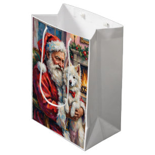 Santa Claus Holding Samoyed Christmas Art Medium Gift Bag