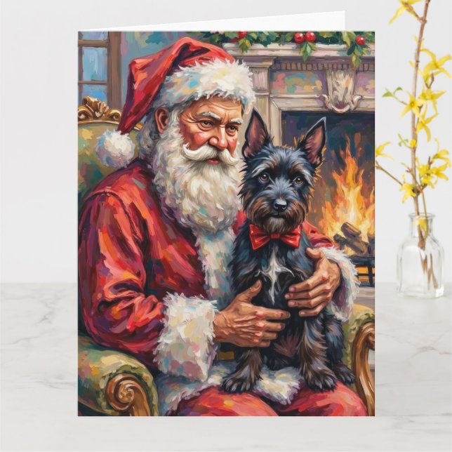 Santa Claus Holding Scottish Terrier Christmas Art Card (Yellow Flower)