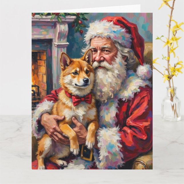 Santa Claus Holding Shiba Inu Christmas Art Card (Yellow Flower)