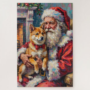 Santa Claus Holding Shiba Inu Christmas Art Jigsaw Puzzle