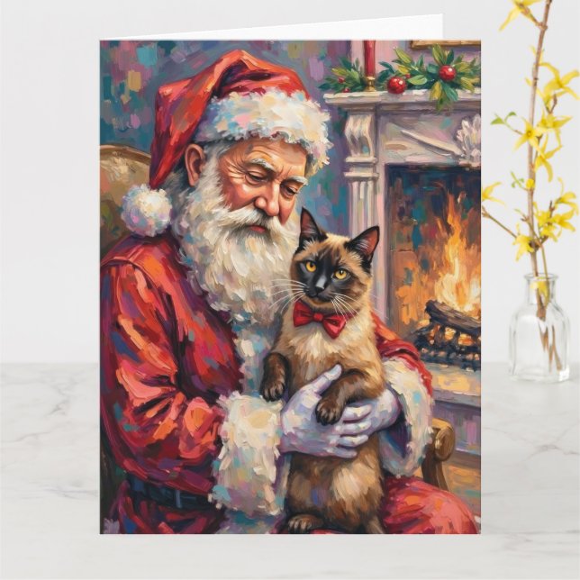 Santa Claus Holding Siamese Cat Christmas Art Card (Yellow Flower)