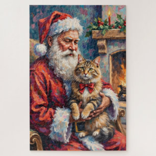 Santa Claus Holding Siberian Cat Christmas Art Jigsaw Puzzle