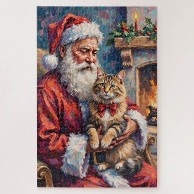 Santa Claus Holding Siberian Cat Christmas Art Jigsaw Puzzle (Vertical)