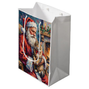 Santa Claus Holding Siberian Cat Christmas Art Medium Gift Bag