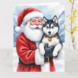 Santa Claus Holding Siberian Husky Christmas Art Card