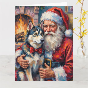 Santa Claus Holding Siberian Husky Christmas Art Card