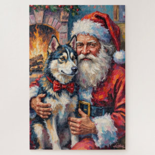 Santa Claus Holding Siberian Husky Christmas Art Jigsaw Puzzle