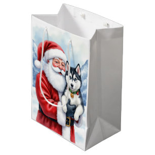 Santa Claus Holding Siberian Husky Christmas Art Medium Gift Bag