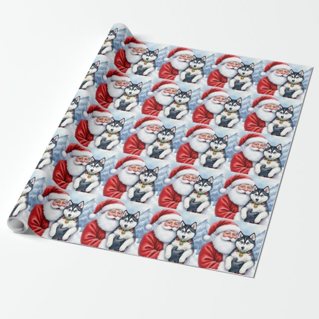 Santa Claus Holding Siberian Husky Christmas Art Wrapping Paper (Unrolled)