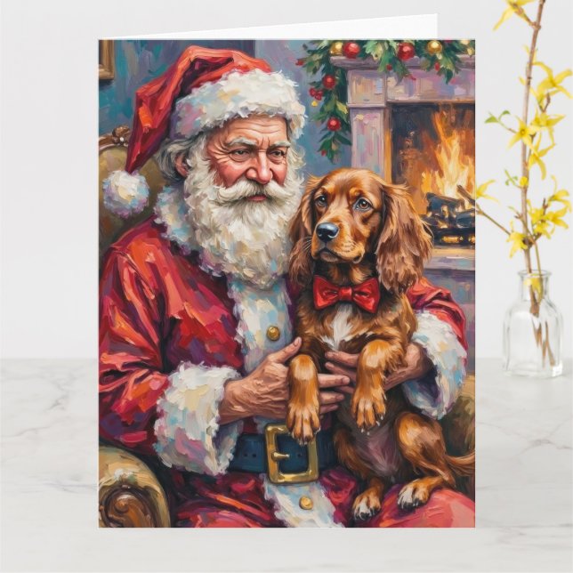 Santa Claus Holding Sussex Spaniel Christmas Art Card (Yellow Flower)