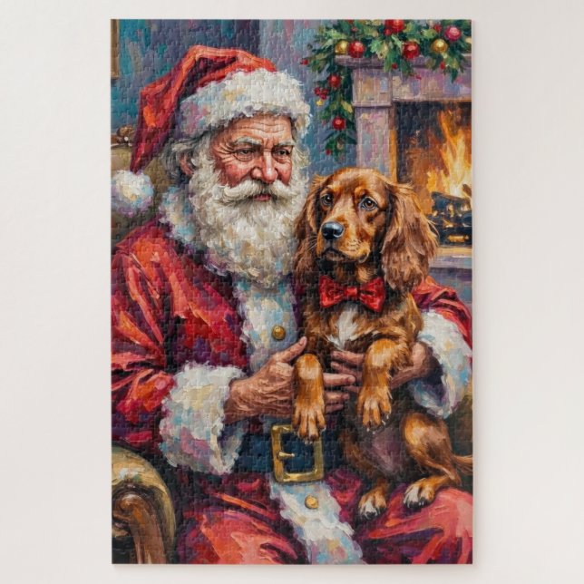 Santa Claus Holding Sussex Spaniel Christmas Art Jigsaw Puzzle (Vertical)