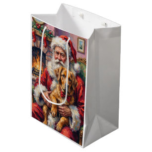 Santa Claus Holding Tibetan Mastiff Christmas Art Medium Gift Bag