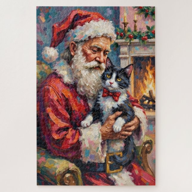 Santa Claus Holding Tuxedo Cat Christmas Art Jigsaw Puzzle (Vertical)