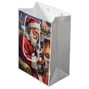 Santa Claus Holding Tuxedo Cat Christmas Art Medium Gift Bag