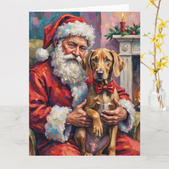 Santa Claus Holding Weimaraner Christmas Art Card (Yellow Flower)