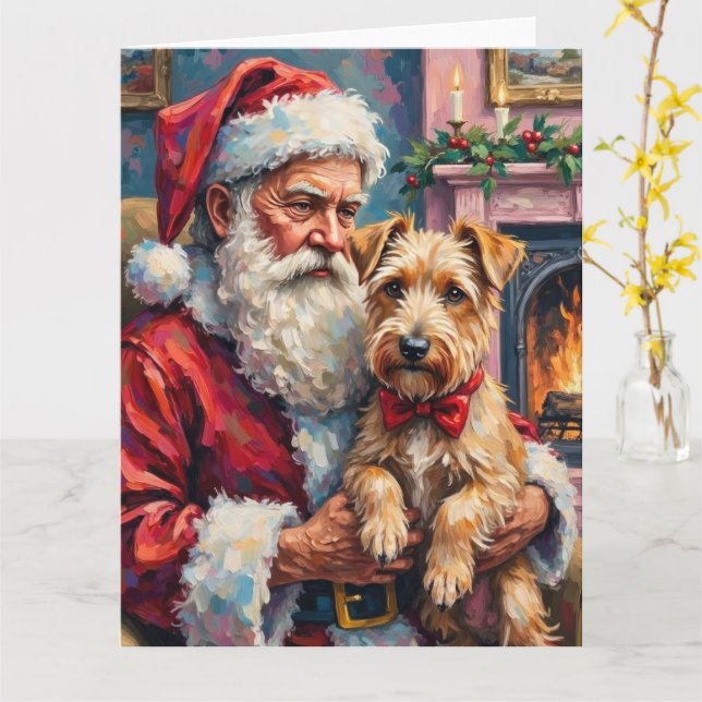 Santa Claus Holding Wheaten Terrier Christmas Art Card (Yellow Flower)