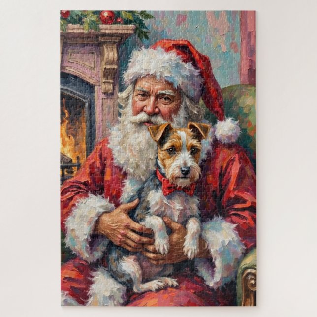 Santa Claus Holding Wirefox Terrier Christmas Art Jigsaw Puzzle (Vertical)