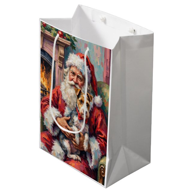 Santa Claus Holding Wirefox Terrier Christmas Art Medium Gift Bag (Front Angled)