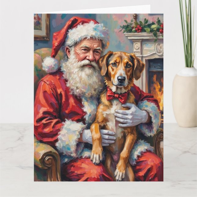 Santa Claus Holding Wolfhound Christmas Art Card (Front)