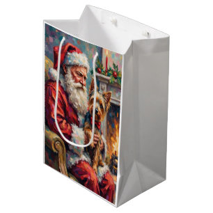 Santa Claus Holding Yorkshire Terrier Christmas Medium Gift Bag