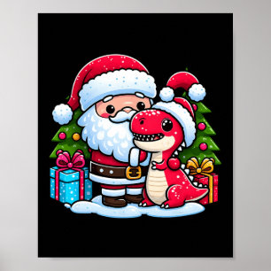 Santa Claus Hugs T Rex Dinosaur Christmas Matching Poster