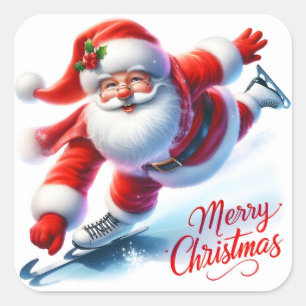 Santa Claus Ice Skating on a Winter Day Square Sticker