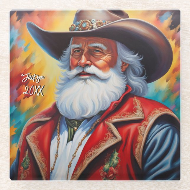  Santa Claus in a Cowboy Hat Christmas Glass Coaster (Front)