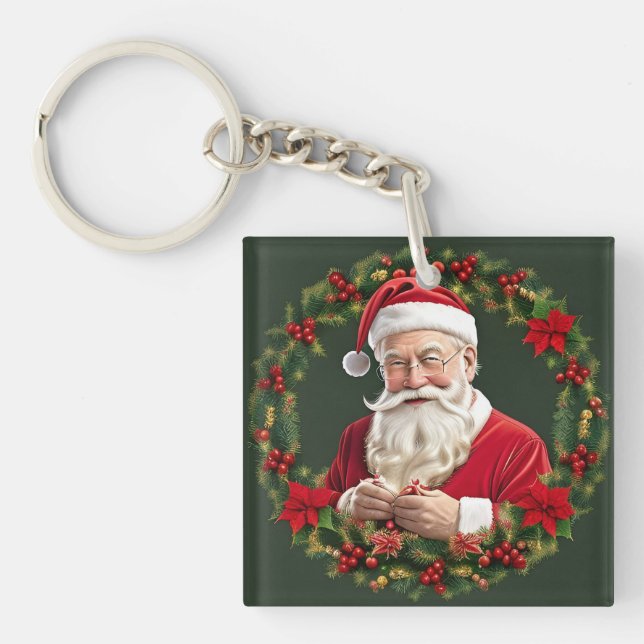 Santa Claus in a Festive Wreath Key Ring (Front)