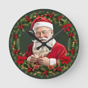 Santa Claus in a Festive Wreath Round Clock