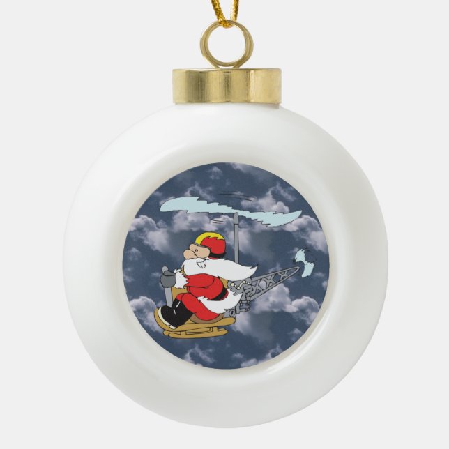 Santa Claus in a Helicopter Ceramic Ball Christmas Ornament (Front)