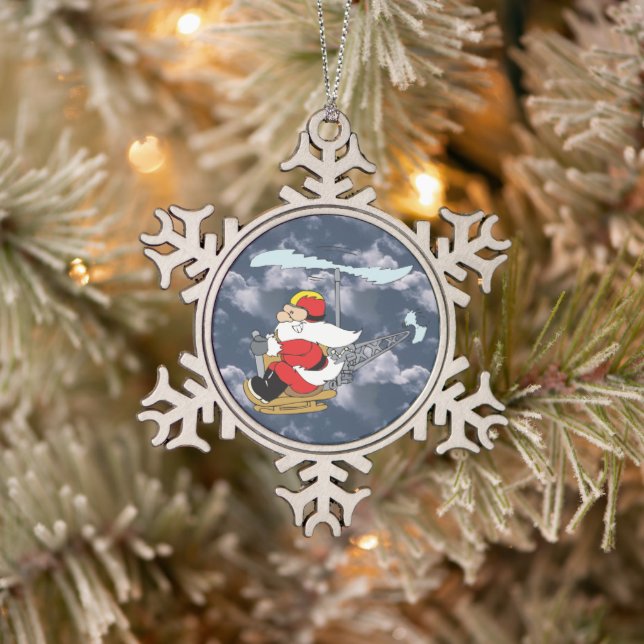 Santa Claus in a Helicopter Snowflake Pewter Christmas Ornament (Tree)