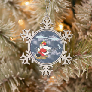 Santa Claus in a Holicopter Snowflake Pewter Christmas Ornament