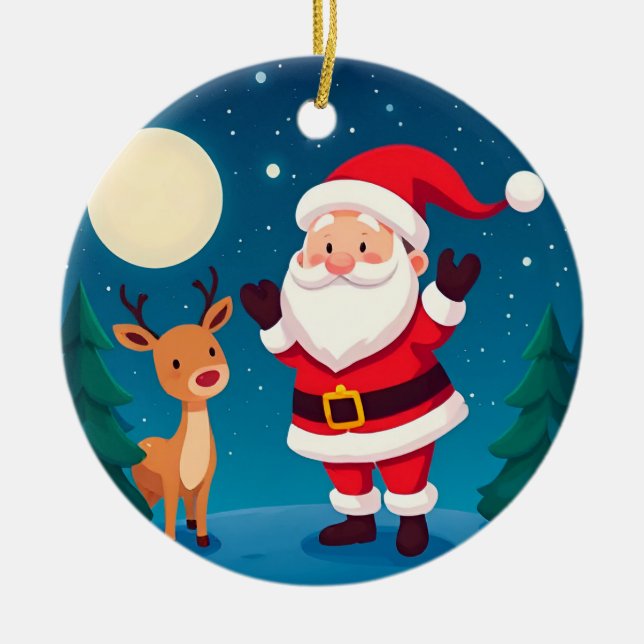 Santa Claus in a Magical Winter Scene Ceramic Tree Decoration (Front)