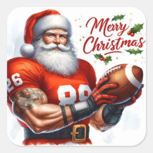 Santa Claus in a Sports Jersey Holding a Football Square Sticker