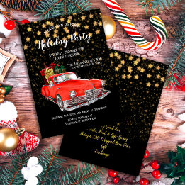 Santa Claus in a Vintage Red Retro Car Christmas Invitation