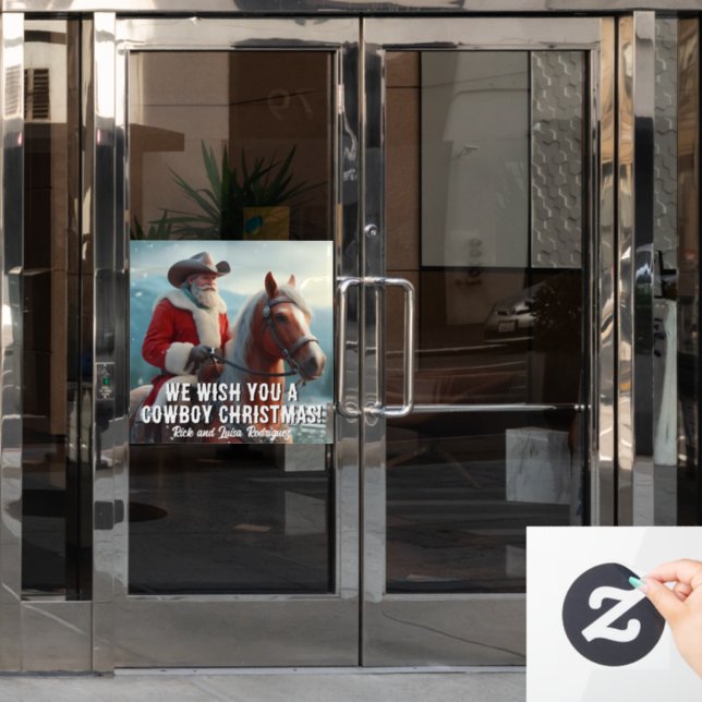 Santa Claus in a Western Hat Christmas Window Cling (Office Door)