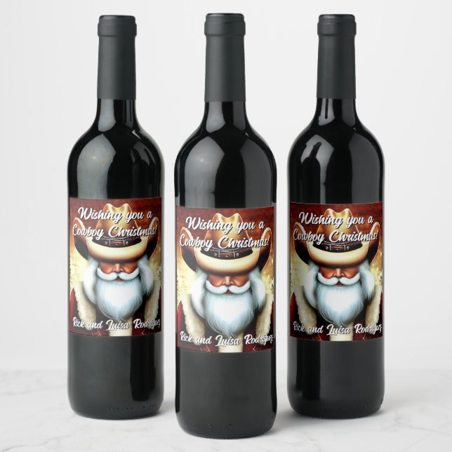 Santa Claus in a Western Hat Christmas Wine Label (Bottles)