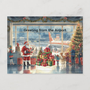 Santa Claus in at the airport Holiday Postcard