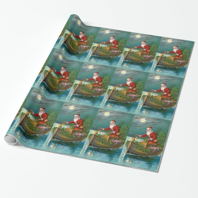 Santa Claus in Boat Wrapping Paper (Unrolled)