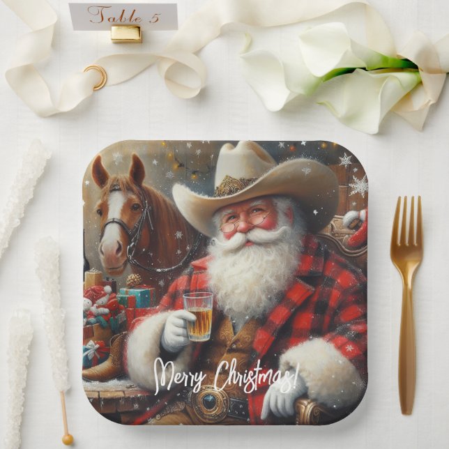  Santa Claus in Cowboy Hat Christmas Paper Plate (Wedding)
