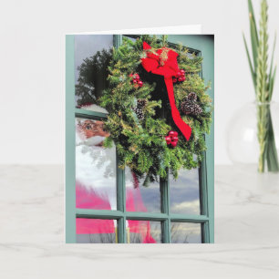 Santa Claus in Door Window Holiday Card