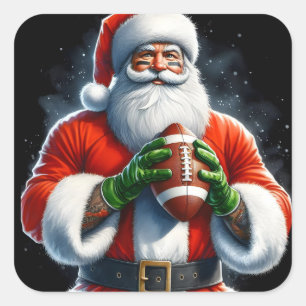Santa Claus in Festive Attire Holding a Football Square Sticker
