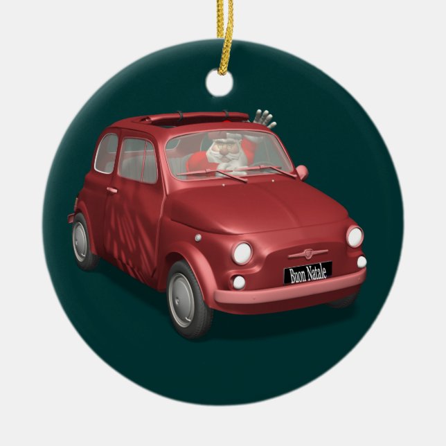 Santa Claus In Fiat 500 Ceramic Tree Decoration (Front)