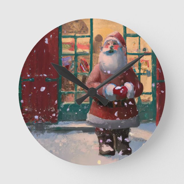 Santa Claus in Front of Toy Shop AI Art Round Clock (Front)