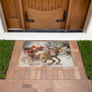 Santa Claus in His Sleigh with Reindeer Doormat