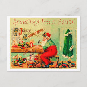 Santa Claus in his workshop, vintage Christmas Postcard