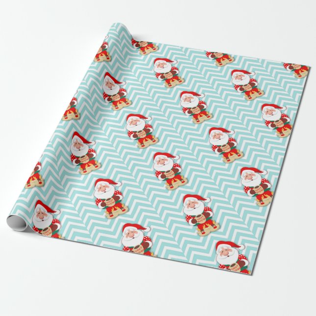 Santa claus in red pyjamas holding a mug wrapping paper (Unrolled)
