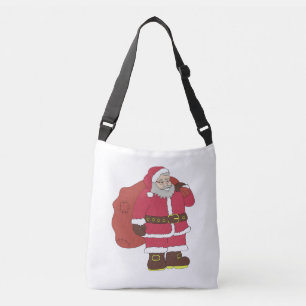 Santa Claus in red with gift bag and eyeglasses