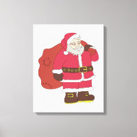 Santa Claus in red with gift bag and eyeglasses